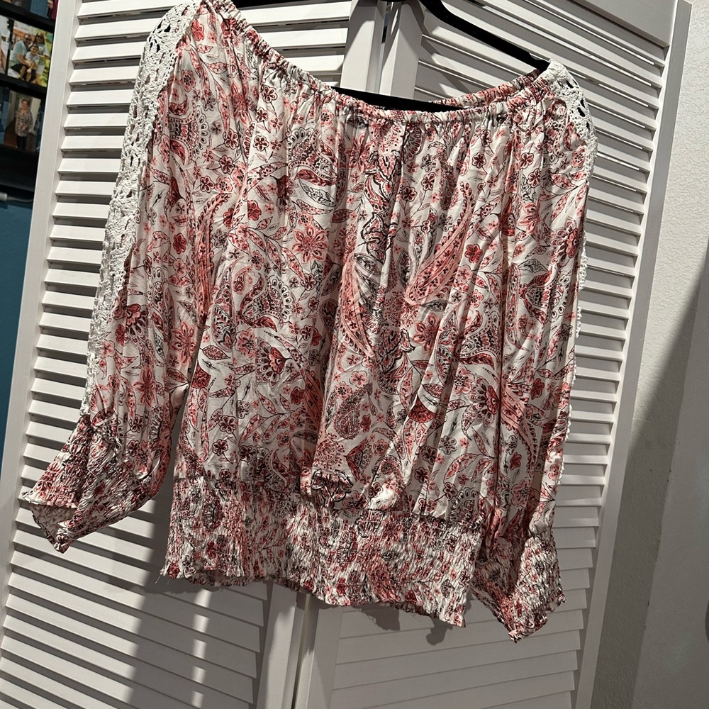 CeCe White and Red Paisley Off-Shoulder Blouse